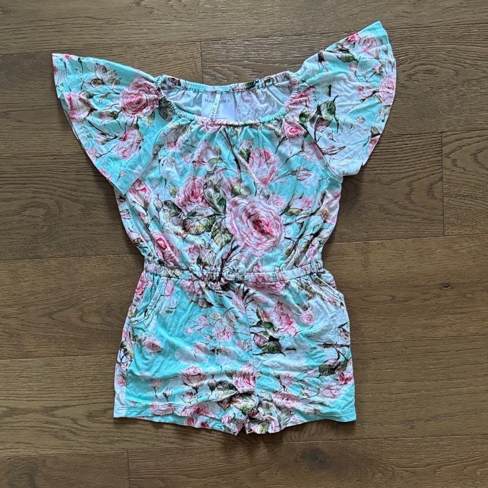Posh Peanut 2T Aqua Floral Off-Shoulder One-Piece Romper with Pink Roses